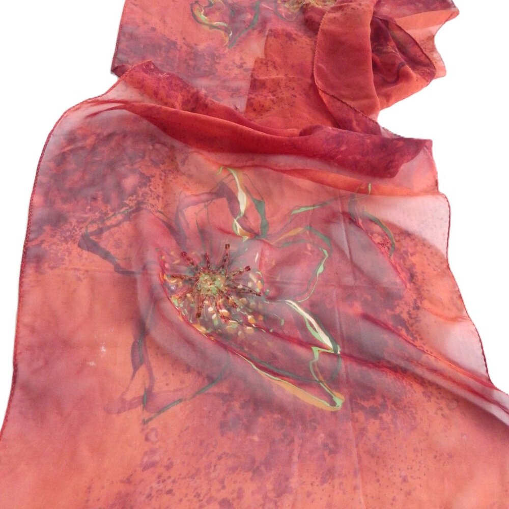 Large Rectangular Scarf/ Wrap/ Dark reddish Orang… - image 5